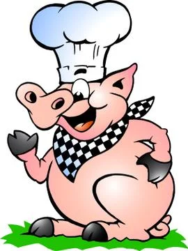 Hand-drawn vector illustration of an chef pig standing and pointing Stock Illustration