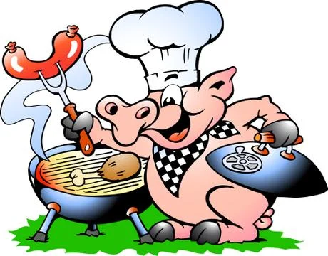 Hand-drawn vector illustration of an chef pig standing and making bbq Stock Illustration