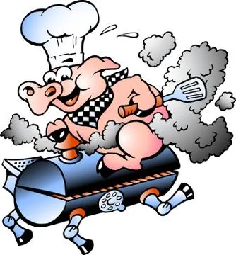 Hand-drawn vector illustration of an chef  pig riding an bbq barrel Stock Illustration