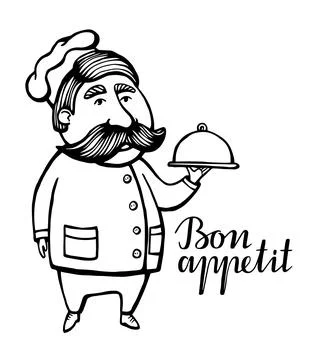 Hand drawn vector illustration of chief-cooker with a mustache in a white dre Stock Illustration