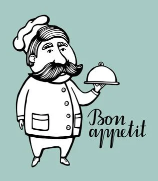 Hand drawn vector illustration of chief-cooker with a mustache in a white dre Stock Illustration