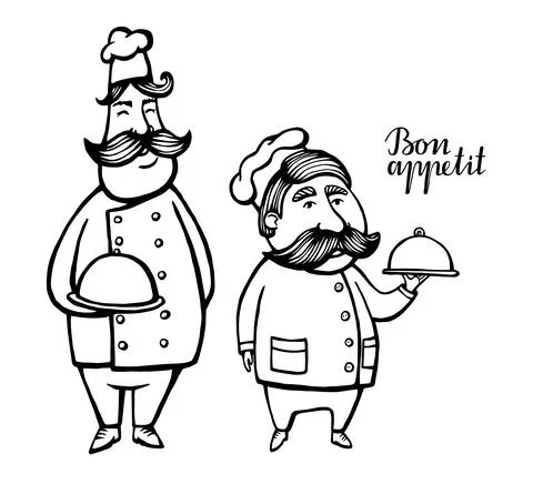 Hand drawn vector illustration of chief-cooker with a mustache in a white dre Stock Illustration
