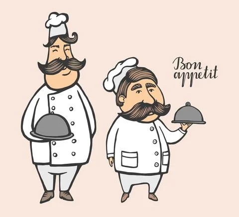 Hand drawn vector illustration of chief-cooker with a mustache in a white dre Stock Illustration