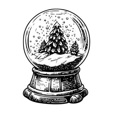 Hand drawn vector illustration - Christmas snow globe with fir-tree. Stock Illustration