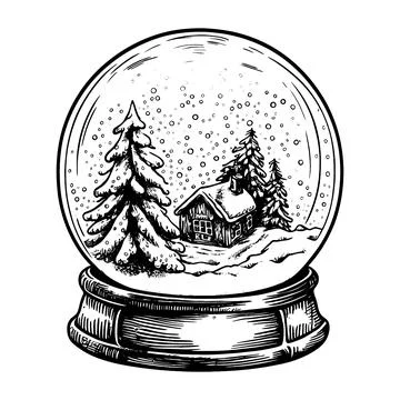 Hand drawn vector illustration - Christmas snow globe with a house and fir-tr Stock Illustration