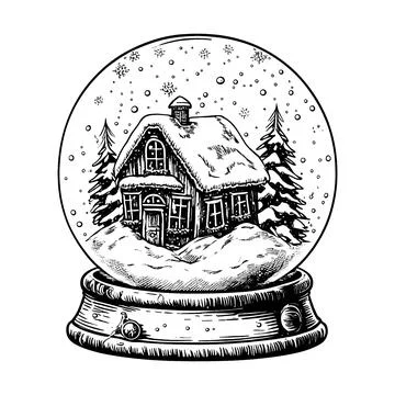 Hand drawn vector illustration - Christmas snow globe with a house and fir-tr Stock Illustration