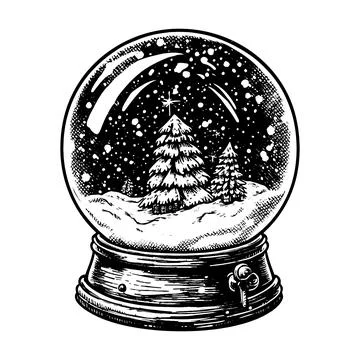 Hand drawn vector illustration - Christmas snow globe with fir-tree. Stock Illustration