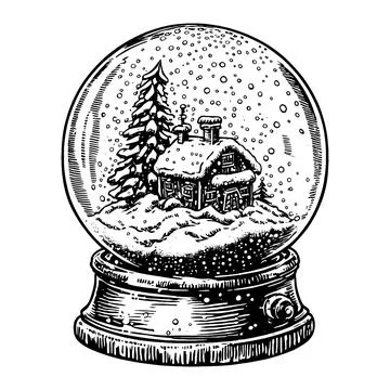 Hand drawn vector illustration - Christmas snow globe with a house and fir-tr Stock Illustration