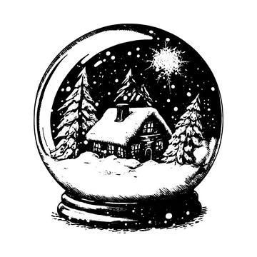 Hand drawn vector illustration - Christmas snow globe with a house and fir-tr Stock Illustration