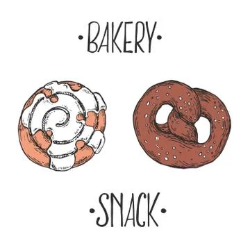 Hand drawn vector illustration cinnamon roll and pretzel Stock Illustration