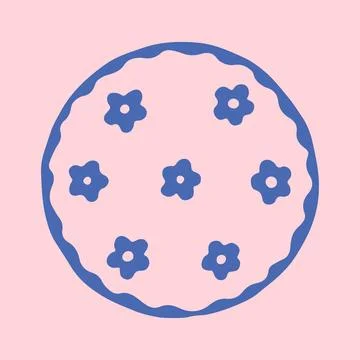 Hand drawn vector illustration of a circular plate featuring small blue flower Stock Illustration