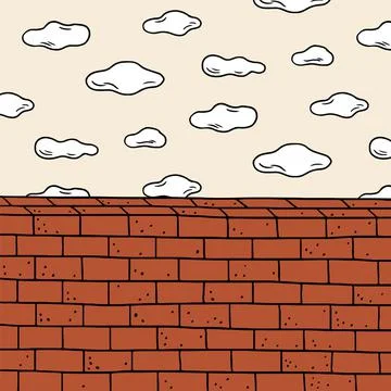Hand drawn vector illustration of cloud and red brick wall. Doodle wallpaper Stock Illustration