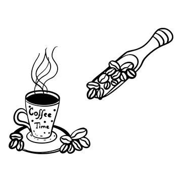 Hand drawn vector illustration of coffee beans with a mug of aromatic coffee, 스톡 일러스트