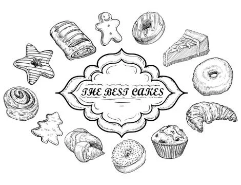Hand drawn vector illustration - collection of goodies, sweets, cakes and p.. Illustrazione stock