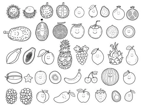 Hand drawn Vector illustration color children set of cute smiling fruit fac.. Illustrazione stock