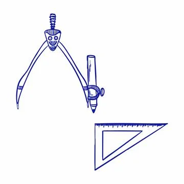 Hand drawn vector illustration of a compass and a ruler triangle. Doodle set, Stock Illustration