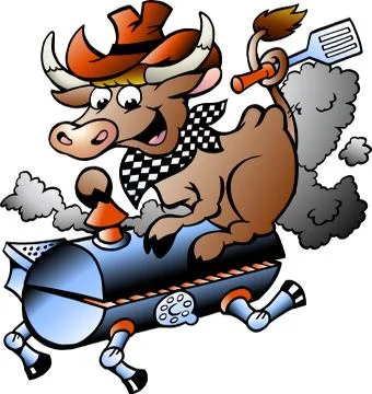 Hand-drawn vector illustration of an cow riding a bbq barrel Stock Illustration
