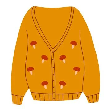 Hand drawn vector illustration of a Cozy Mustard Cardigan with Mushroom Stock Illustration