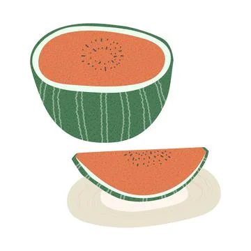 Hand drawn vector illustration of cut in half ripe watermelon and a slice of  Stock Illustration