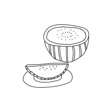 Hand drawn vector illustration of cut in half ripe watermelon and a slice of  Illustrazione stock