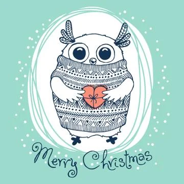 Hand drawn vector illustration with cute eagle owl. Merry Christmas card Stock Illustration