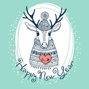 Hand drawn vector illustration with cute deer. Happy New Year card Stock Illustration