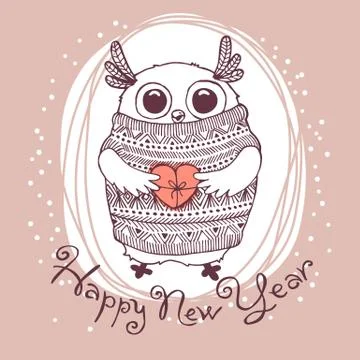 Hand drawn vector illustration with cute eagle owl. Happy New Year card Stock Illustration
