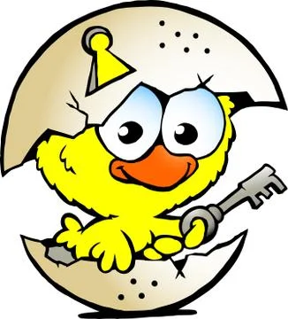 Hand-drawn vector illustration of an cute baby chicken sitting in eggshell Stock Illustration