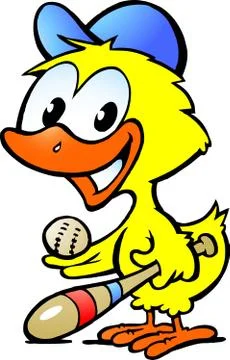 Hand-drawn vector illustration of an cute chicken baby with bassball equipmen Stock Illustration