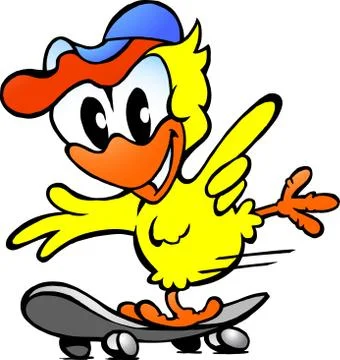 Hand-drawn vector illustration of an cute baby chicken on skateboard Stock Illustration