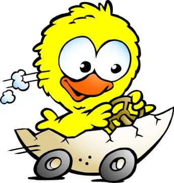 Hand-drawn vector illustration of an cute baby chicken driving in a eggshell Stock Illustration