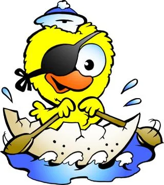 Hand-drawn vector illustration of an cute baby chicken rowing a boat Stock Illustration
