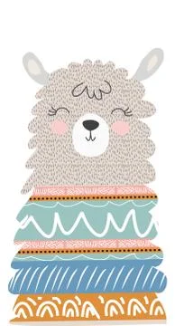 Hand drawn vector illustration of a cute funny llama. Isolated objects on whi Stock Illustration