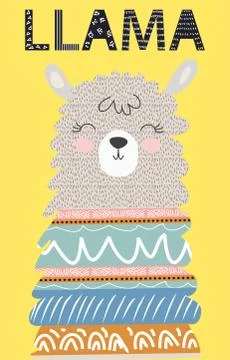 Hand drawn vector illustration of a cute funny llama. Isolated objects on whi Stock Illustration