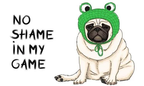 Hand drawn vector illustration of cute cool pug puppy dog with frog hat Stock Illustration