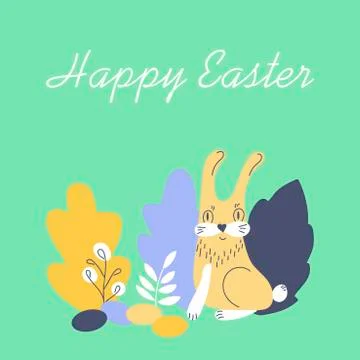 Hand drawn vector illustration with a cute bunny on the edge of the forest an Stock Illustration