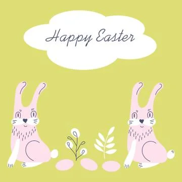 Hand drawn vector illustration with a cute two bunnys on the and Easter eggs  Stock Illustration