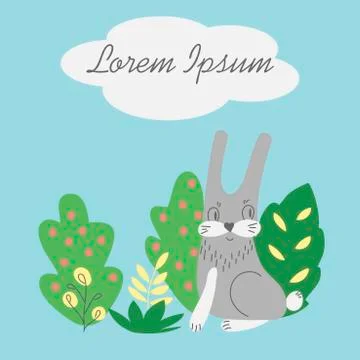 Hand-drawn vector illustration with a cute rabbit on the edge of the forest a Stock Illustration