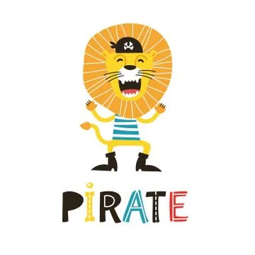 Hand drawn vector illustration of a cute funny lion pirate in a tricorn hat Stock Illustration