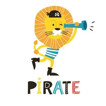 Hand drawn vector illustration of a cute funny lion pirate in a tricorn hat 스톡 일러스트