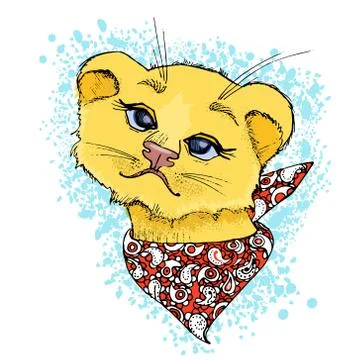 Hand drawn vector illustration of a cute funny lion face. Stock Illustration