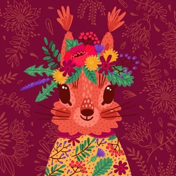 Hand drawn vector illustration with a cute squirrel in a flower wreath, for Stock Illustration