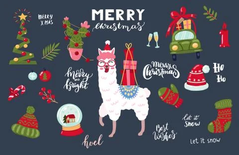 Hand drawn vector illustration of a cute funny llama with cactus gifts Stock Illustration