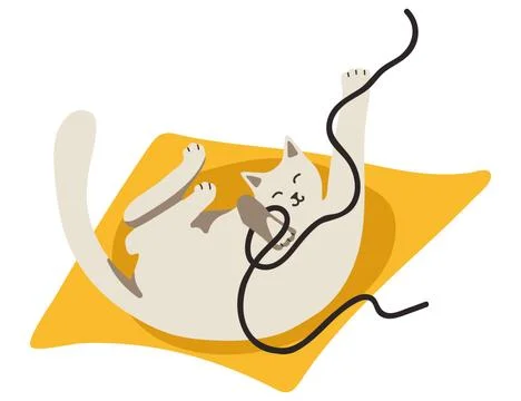 Hand drawn vector illustration. Cute cat and packing gifts. Playing cat. Stock Illustration