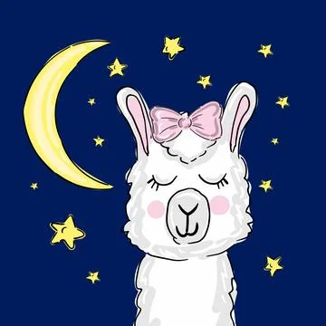 Hand drawn vector illustration with cute sleeping llama moon, stars Stock Illustration