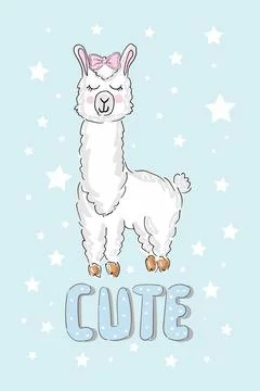 Hand drawn vector illustration with cute sleeping llama moon, stars Illustrazione stock
