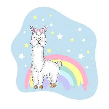 Hand drawn vector illustration with cute sleeping llama moon, stars Stock Illustration
