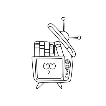 Hand drawn vector illustration of cute tv with books inside 스톡 일러스트