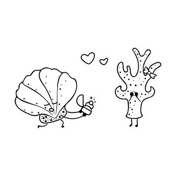 Hand drawn vector illustration cute shell and coral Cartoon Mascot Characte.. Stock Illustration