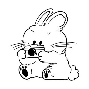 Hand drawn vector illustration of a cute rabbit holding a camera in its paw.. Stock Illustration